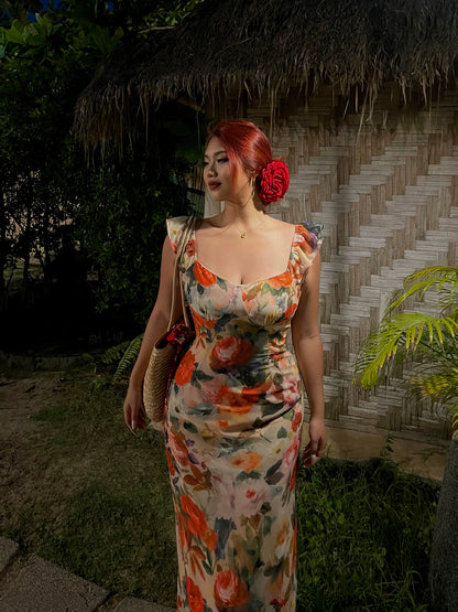 Große Größen Damen Sommer dünnes, figurbetontes Retro-Blumen-Maxikleid für den Strandurlaub MP084