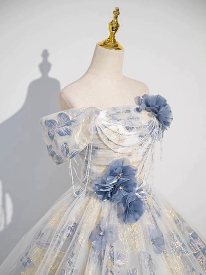 Cute Long Tiered Quinceañera Dresses Ball Gown Off The Shoulder Blue With Short Sleeves Floral Quince Dress MP152