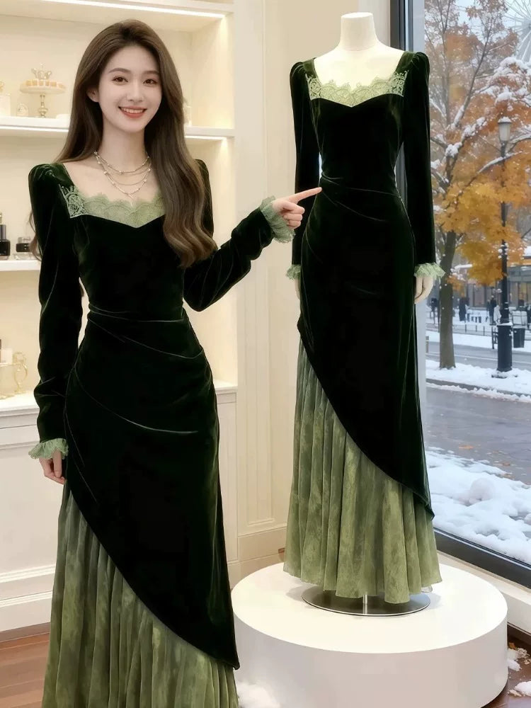 Vintage Meerjungfrau Quadratischer Ausschnitt Grünes Samt Langarm Geburtstagskleid für Damen Partykleider Lange Abendkleider MP176