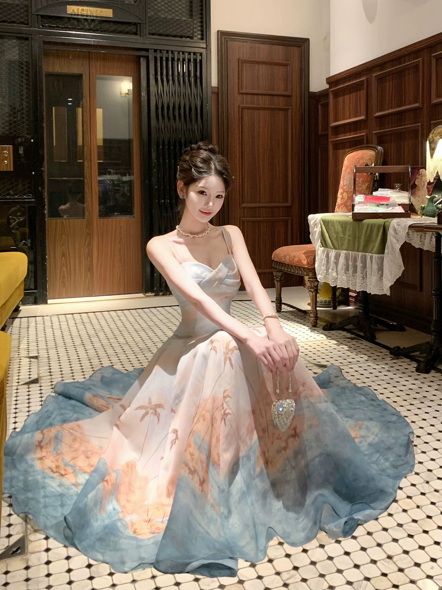 Cute A line French Style Spaghetti Strap Floral Blue Ideas For Women 18th Impress Birthday Dress Evening Night Outfit MP146