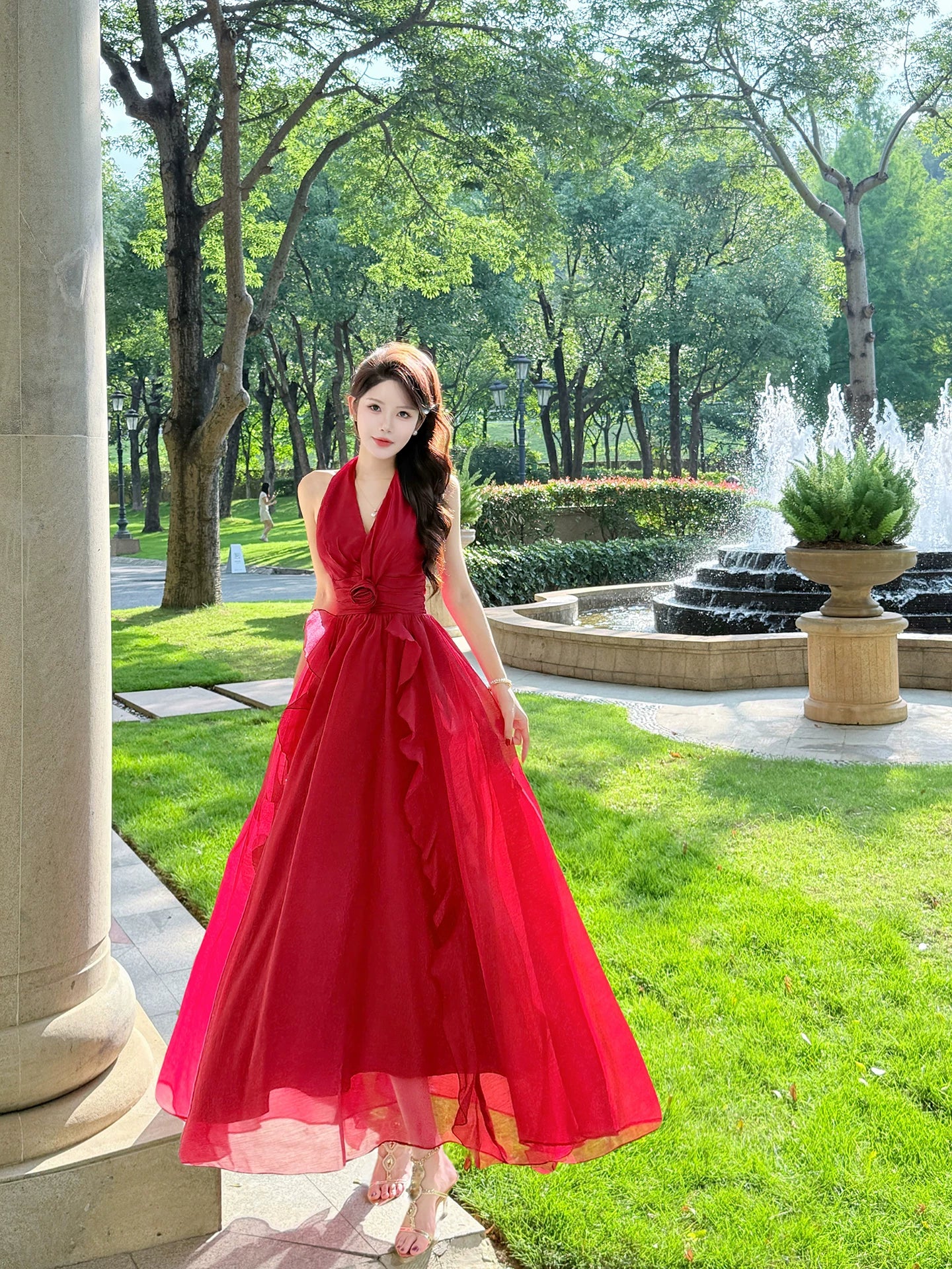 Simple A line French Style Halter Red Chiffon Ideas For Women 18th Impress Birthday Dress Evening Night Outfit MP143