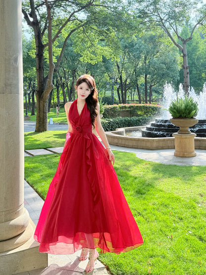 Simple A line French Style Halter Red Chiffon Ideas For Women 18th Impress Birthday Dress Evening Night Outfit MP143