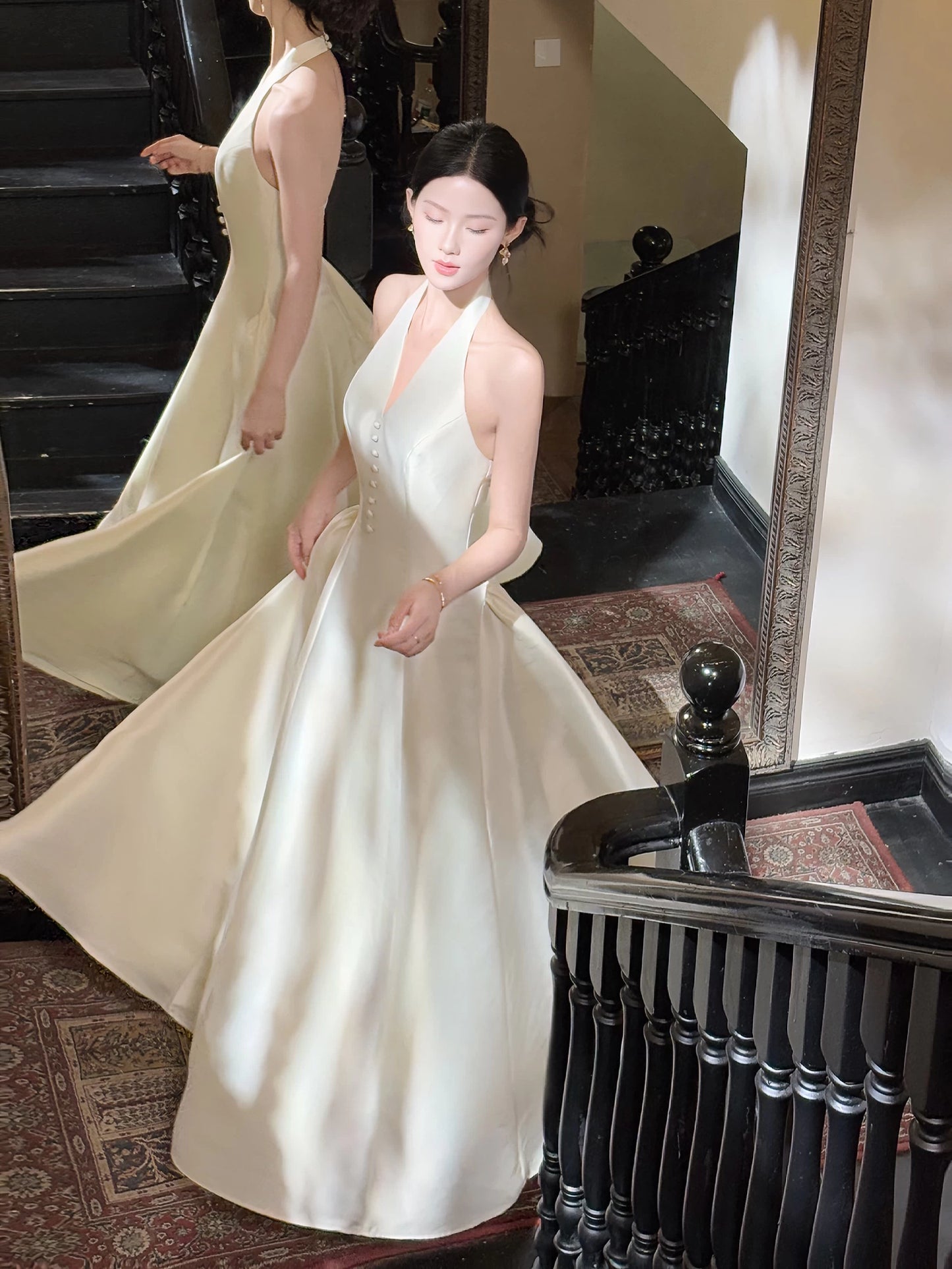 Robe de soirée/de sortie mi-longue en satin ivoire, coupe décontractée trapèze, style français, pour femmes, idées pour un 18ème anniversaire, MP136