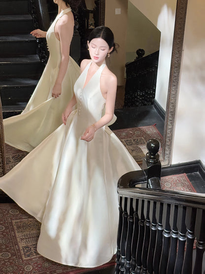Robe de soirée/de sortie mi-longue en satin ivoire, coupe décontractée trapèze, style français, pour femmes, idées pour un 18ème anniversaire, MP136