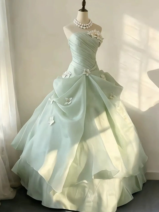 Elegante, lange, gestufte Quinceañera-Kleider, Ballkleid, trägerlos, mintgrün, Organza, langes Sweet-16-Kleid, Quince-Kleid MP156