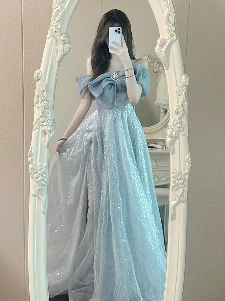 Elegantes A-Linien trägerloses staubblaues, bodenlanges ärmelloses Abendkleid für Hochzeitsbankette und Ausgeh-Outfits MP149