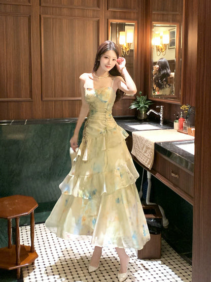 Robe de soirée sirène vintage en mousseline de soie verte à bretelles spaghetti et imprimé floral pour femme, robe de fête d'anniversaire pour ses 18 ans, tenues de plage pour les vacances MP208