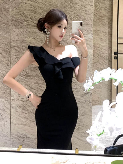 Robe de soirée simple en satin noir, à une épaule, pour femme, tenue de fête, de vacances ou de plage MP200