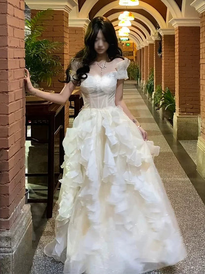 Longue robe de quinceañera à volants, coupe boule, épaules dénudées, en mousseline couleur champagne, robe de quince MP122