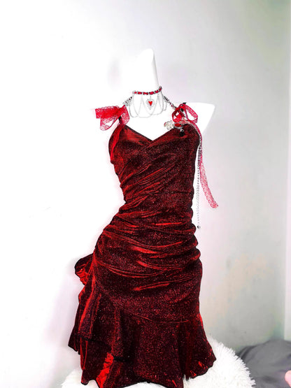 Robe de soirée courte sirène sexy à fines bretelles bordeaux à sequins, tenues de soirée MP166