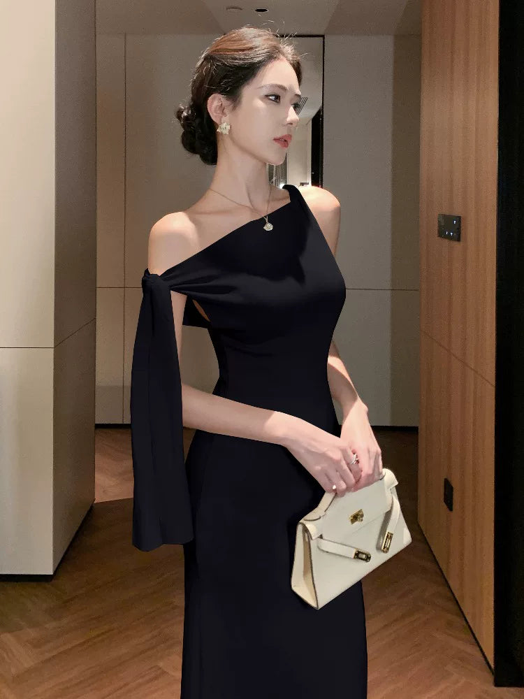 Einfaches Meerjungfrau Schwarzes Hochzeitsgastkleid für Damen Partykleider Abendoutfits MP195