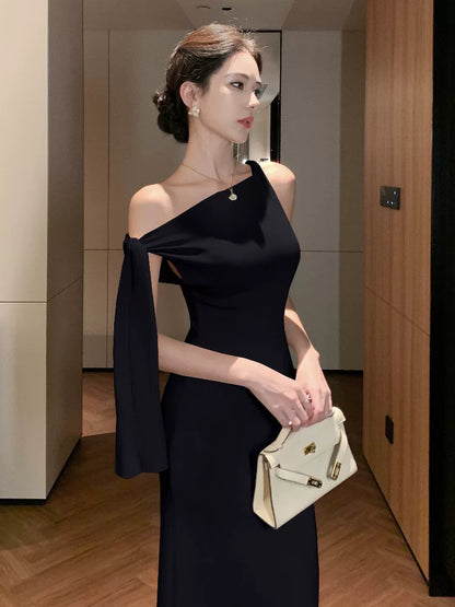 Einfaches Meerjungfrau Schwarzes Hochzeitsgastkleid für Damen Partykleider Abendoutfits MP195