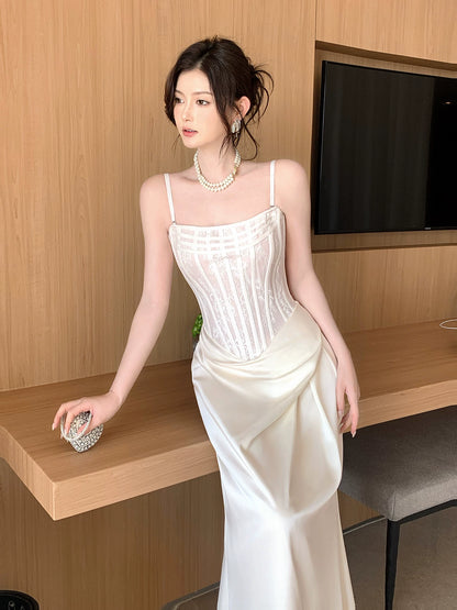 Französischer Stil Meerjungfrau Spaghettiträger Weiß Ideen für Frauen 18. Beeindruckende Sommer Strand Abschlussball Geburtstag Kleider Abend Nacht Outfit MP275