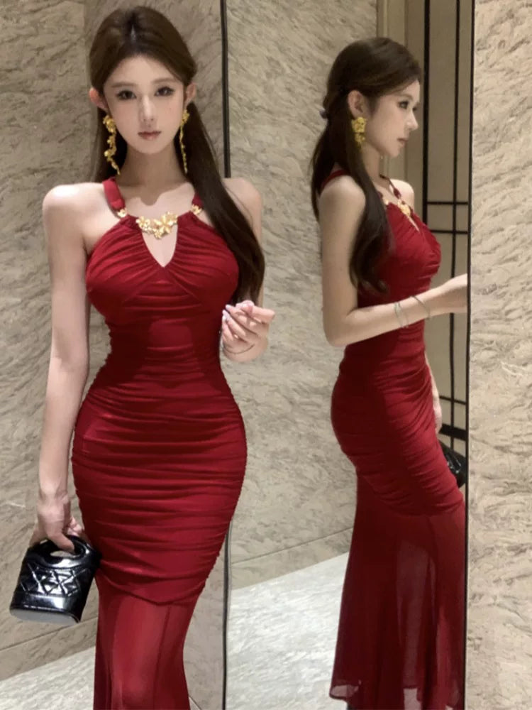 Simple Mermaid Jewel Neck Red Wedding Guest Dresses For Women Spring Party Dresses Night Evening Outfits MP179
