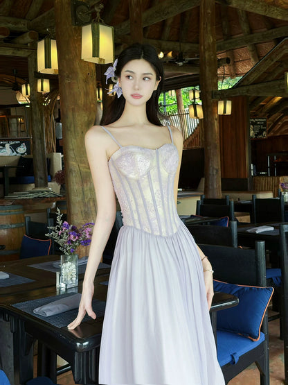 Süßes A-Linien-Kleid mit Spaghettiträgern, Flieder und Spitzenoberteil, für den 18. Geburtstag, Abendkleid für Damen, Partykleider, Urlaub, Strand-Outfits MP203