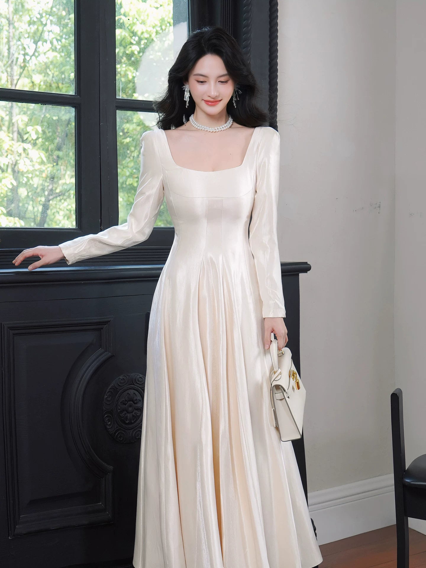 Simple A Line Square Neck White Ankle Length Ideas For Women 21st Impress Birthday Dress Evening Night Outfit MP110