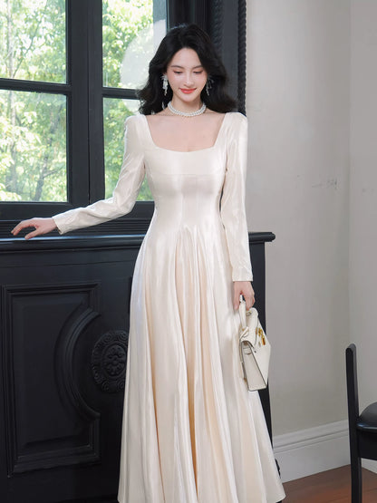 Simple A Line Square Neck White Ankle Length Ideas For Women 21st Impress Birthday Dress Evening Night Outfit MP110