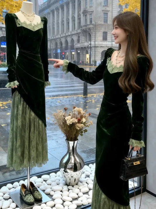 Vintage Mermaid Square Neck Green Velvet Long Birthday Gown For Women Party Dresses Long Night Evening Outfits MP176
