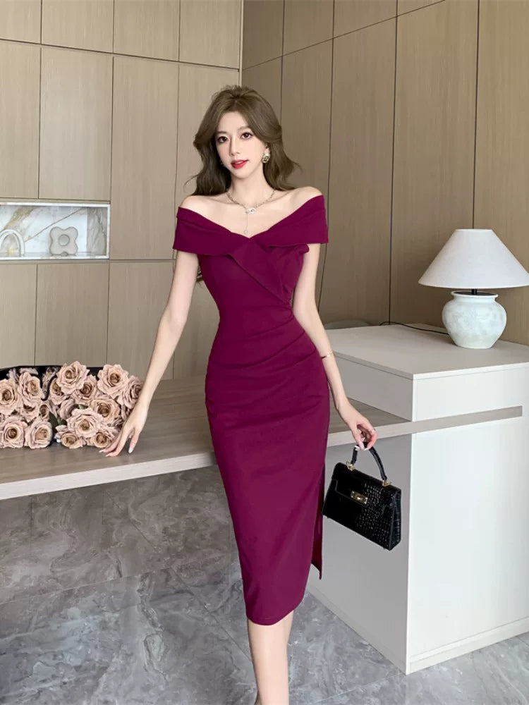 Robe d'anniversaire sirène simple en satin fuchsia, épaules dénudées pour femmes, robes de soirée, tenues de plage de vacances MP190