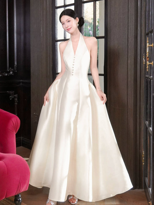 French Style Casual A line Halter Ivory Satin Ankle Length Ideas For Women 18th Impress Birthday Dress Evening Night Outfits MP136