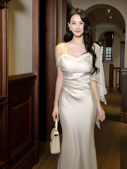 Sexy Mermaid Spaghetti Strap White Silky Satin Ideas For Women 21st Impress Birthday Dress Evening Night Outfits MP098
