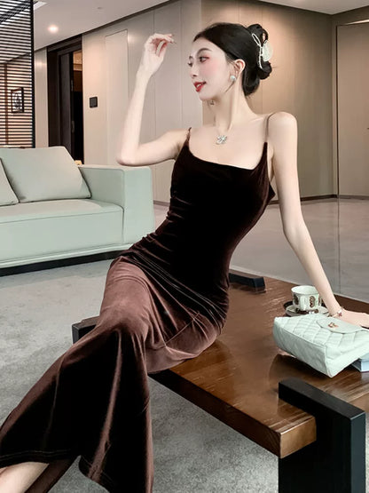 Simple Mermaid Spaghetti Strap Velvet Wedding Guest Dresses For Women Party Dresses Night Evening Outfits MP180
