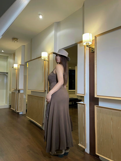 Plus-size sexy irregular spaghetti strap dress waist-cinching and slimming sleeveless long holiday dress MP083