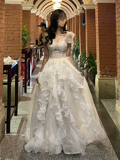 Longue robe de quinceañera à volants, coupe boule, épaules dénudées, en mousseline couleur champagne, robe de quince MP122