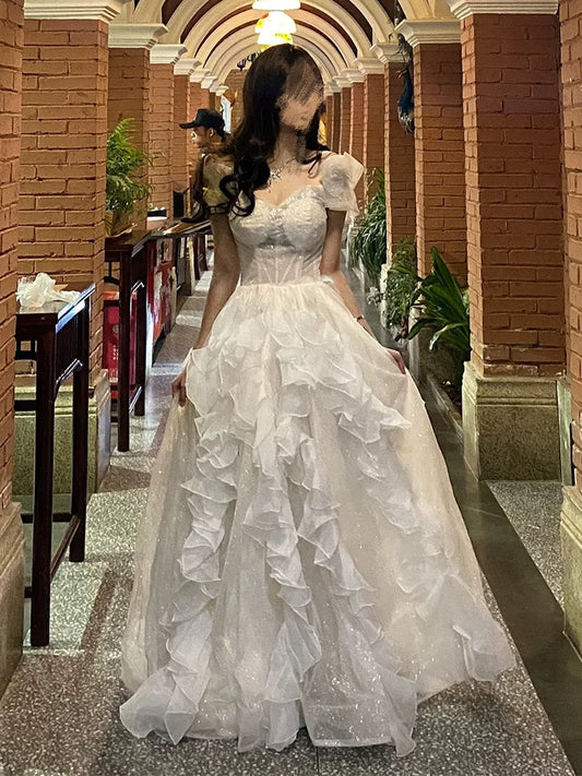 Langes gestuftes Quinceañera-Kleid, Ballkleid, schulterfrei, Champagner-Chiffon, Quinceañera-Kleid MP122