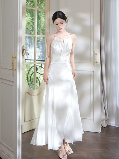 Günstige A-Linien Spaghettiträger Weißer Satin Ideen Für Frauen 18. Geburtstag Abendkleid Nacht Outfit MP117