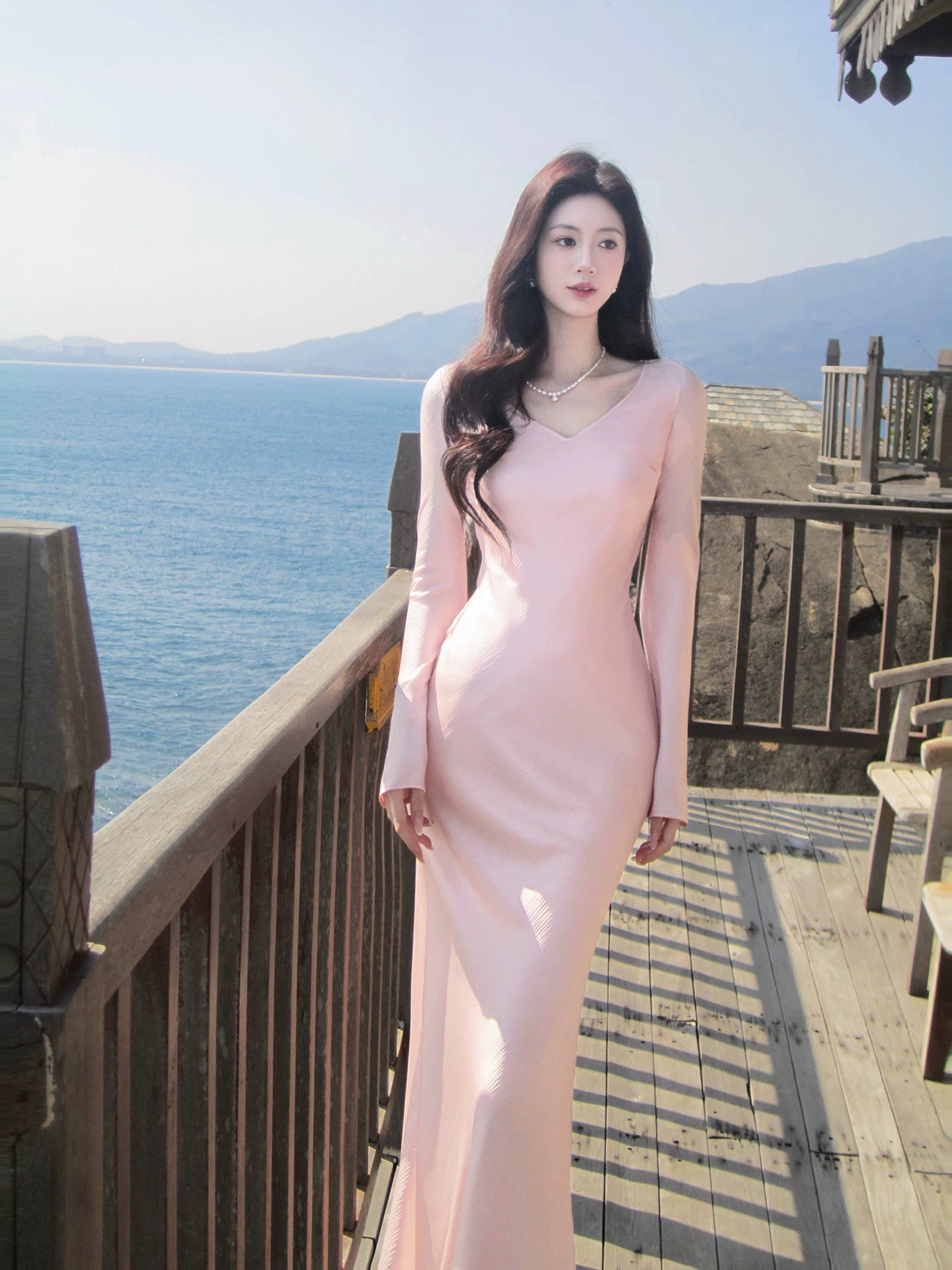 Simple Mermaid V Neck Pink With Long Sleeves Ideas For Women 18th Impress Summer Beach Prom Birthday Dresses Evening Night Outfit MP278