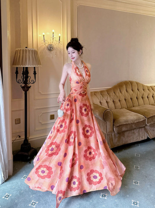 Französischer Stil A-Linie Neckholder Chiffon mit Blumenmuster Ideen für Frauen 21. Geburtstag beeindrucken Abendkleid Outfit MP146