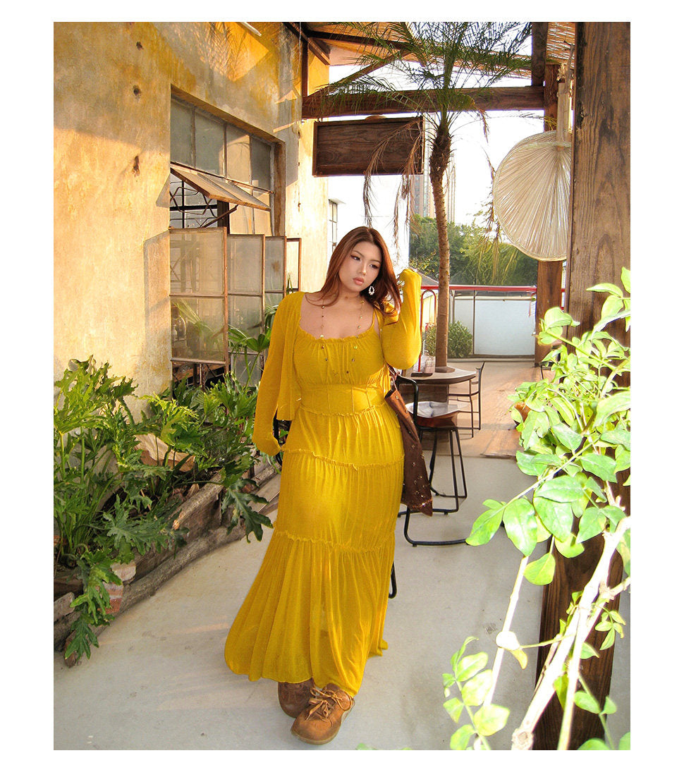 Sexy, figurschmeichelndes, gelbes Spaghettiträger-Maxikleid für große Größen, ärmelloses, langes Urlaubskleid MP081