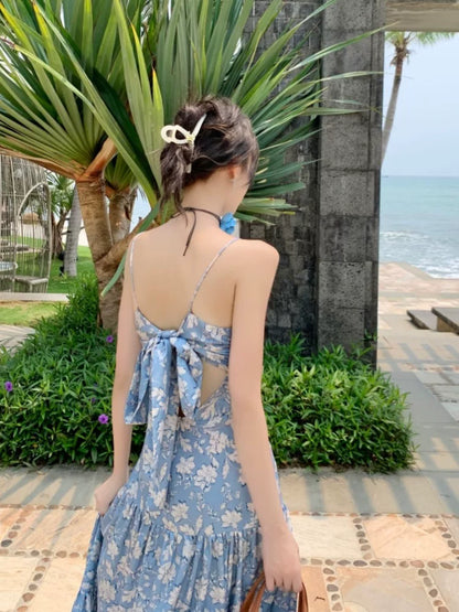 Sexy A-Linien Spaghettiträger Blumenmuster Blau Rückenfrei Langes Geburtstagskleid Für Damen Partykleider Lange Urlaub Strand Outfits MP181