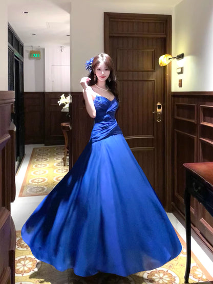 Französischer Stil A-Linie Spaghettiträger Damen Königsblau Partykleid Lange Abendgarderobe MP168