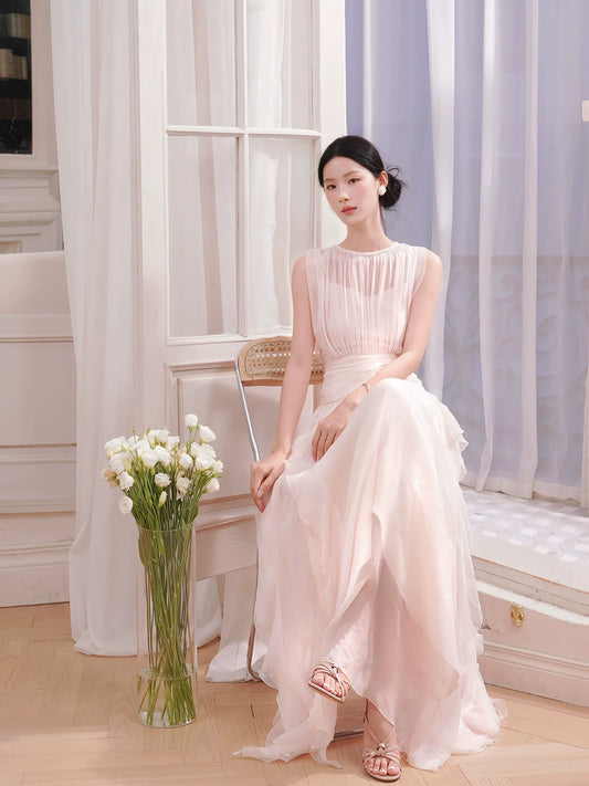 French Style A line Scoop Neck Light Pink Chiffon Ideas For Women 21st Impress Birthday Dress Evening Night Outfit MP128