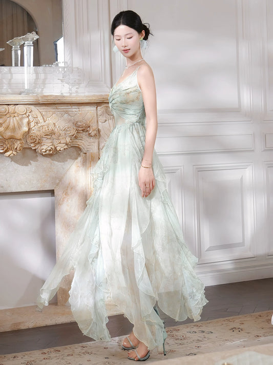 French Style Casual A Line Spaghetti Strap Green Chiffon Floral Ideas For Women 21st Impress Birthday Dress Evening Night Outfit MP130