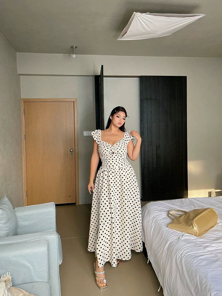 French-style high-end polka dot dress new summer style plus size waist-cinching slimming slit maxi dress for beach vacation mp088