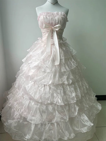 Cute Long Tiered Quinceañera Dresses Ball Gown Strapless Pearl Pink Long Sweet 16 Gown Quince Dress MP153