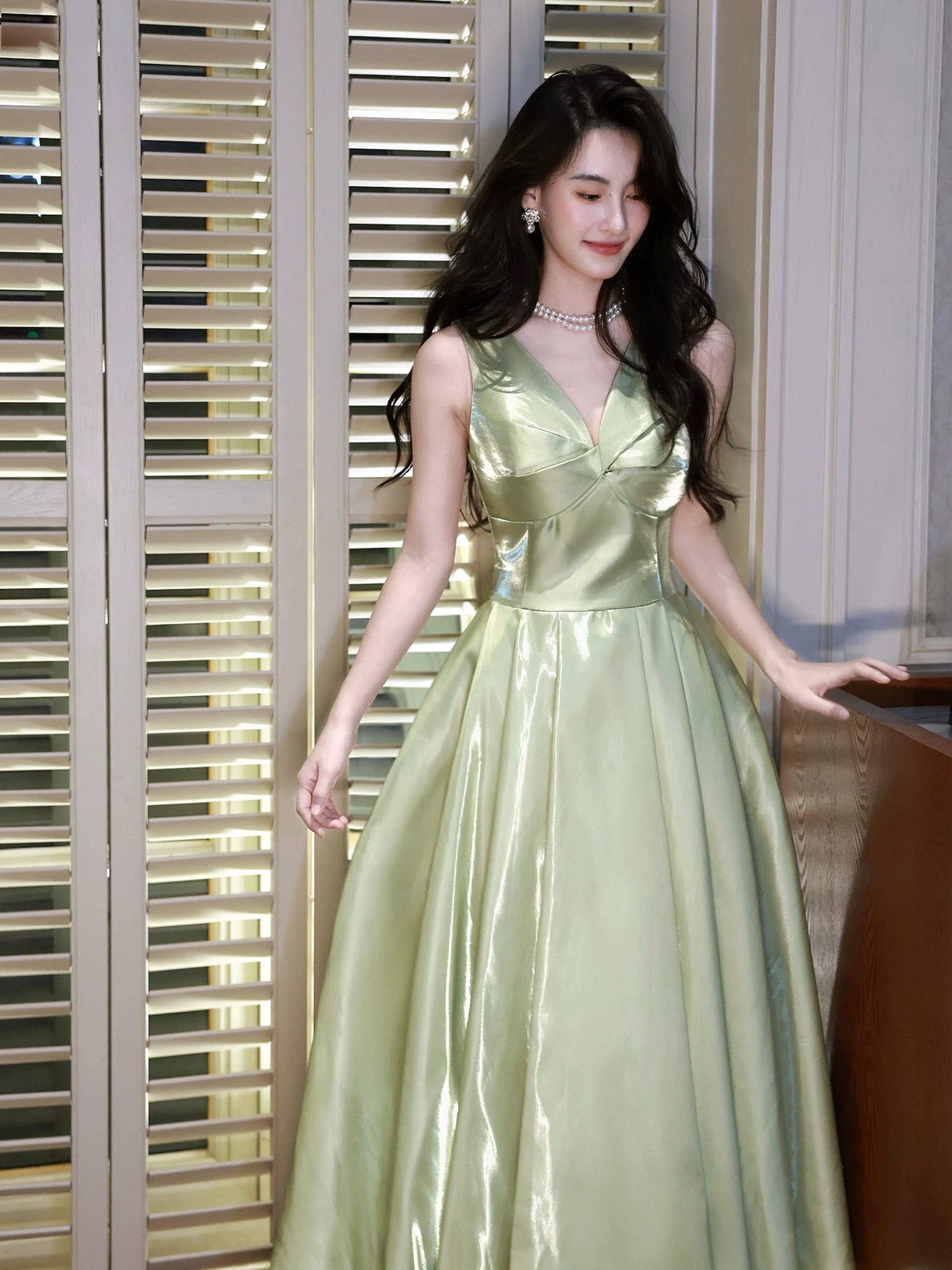 Simple A Line V Neckline Sage Green Satin Ideas For Women 18th Birthday Dress Prom Dresses MP093