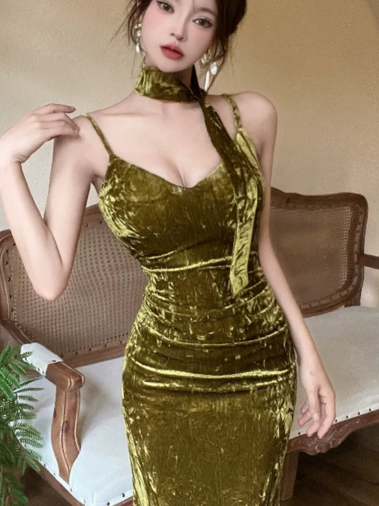 Robes de soirée mi-longues en velours à fines bretelles pour femmes, robes de cocktail, tenues de soirée MP204