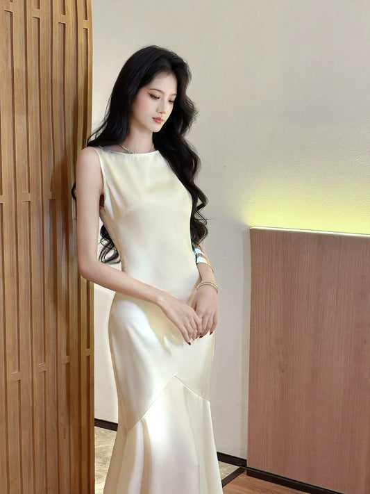 French Style Casual Mermaid Scoop Ivory Satin Ankle Length Ideas For Women 18th Impress Birthday Dress Evening Night Outfits MP139