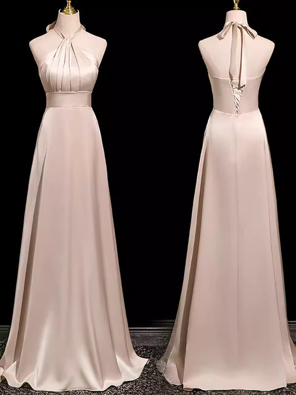 Schlichtes A-Linien-Brautjungfernkleid aus rosafarbenem Satin, bodenlang, für Frühling/Sommer MP163