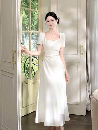 Robe Décontractée Coupe A-ligne Ivoire Style Français À Manches Courtes Longueur Cheville En Satin Idées Pour Femmes 21ème Anniversaire Impressionnant Robe Soirée Tenues De Soirée MP134