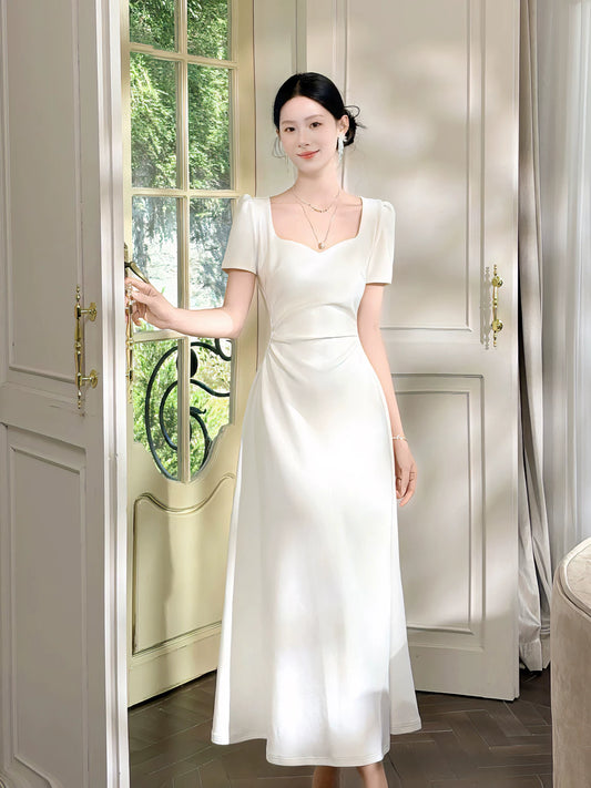 French Style Casual A line Ivory With Short Sleeves Ankle Length Satin Ideas For Women 21st Impress Birthday Dress Evening Night Outfits MP134