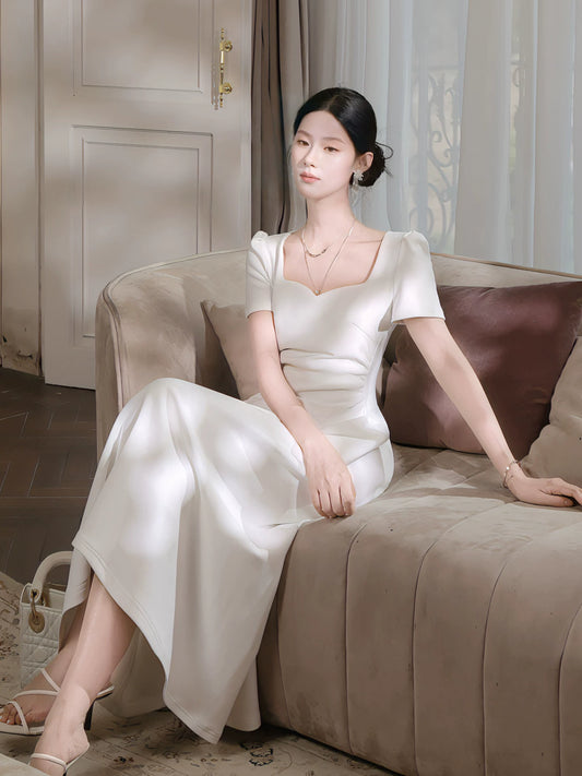 French Style Casual A line Ivory With Short Sleeves Ankle Length Satin Ideas For Women 21st Impress Birthday Dress Evening Night Outfits MP134