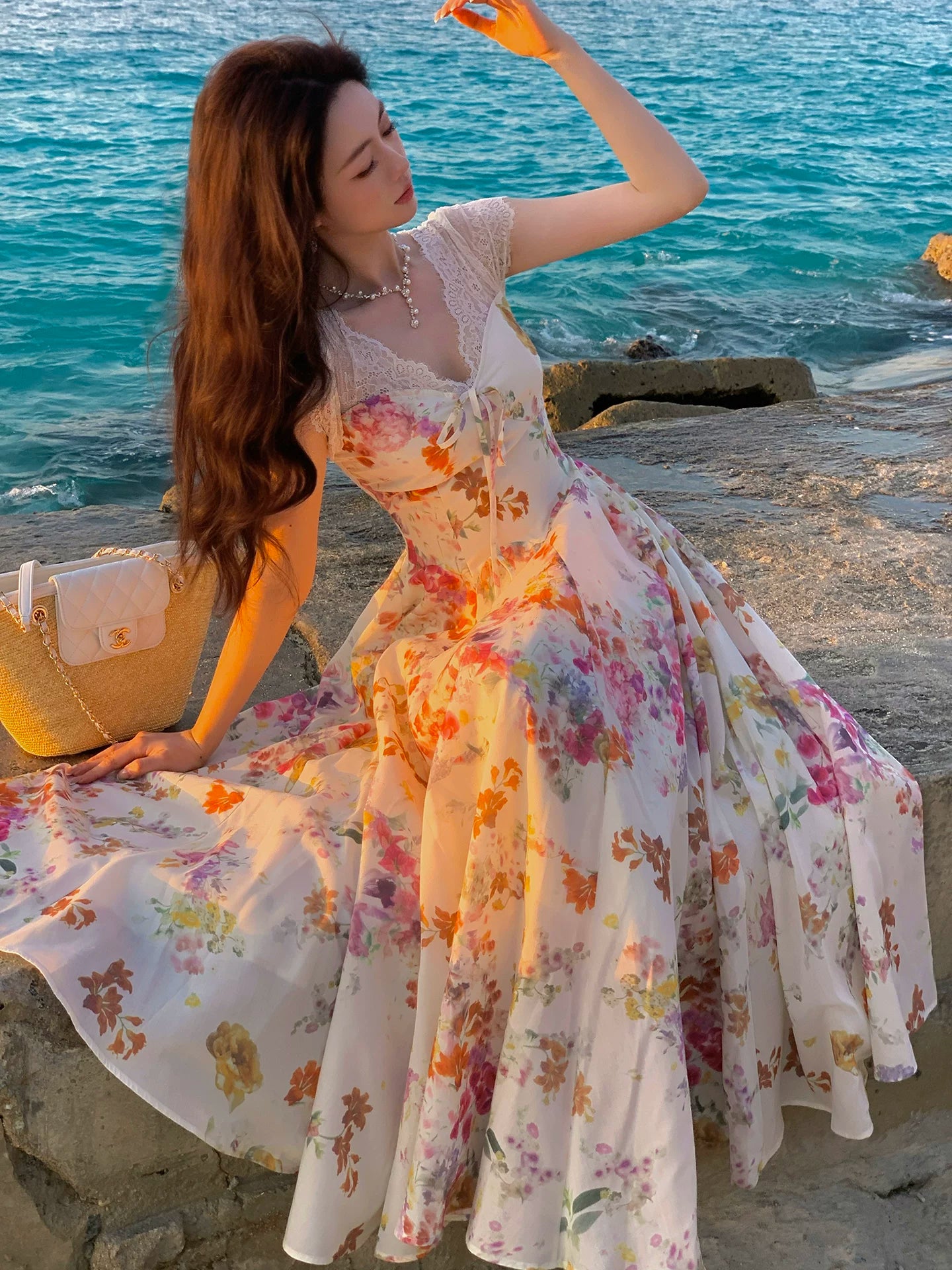 Französischer Stil A-Linie V-Ausschnitt Blumen Chiffon Ideen Für Damen 18. Beeindrucken Sommer Strand Abschlussball Geburtstagskleider Abendnacht Outfit MP274