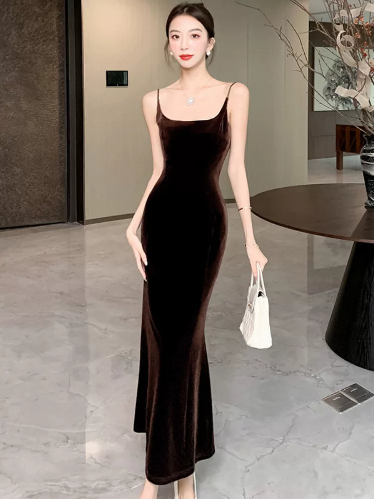 Simple Mermaid Spaghetti Strap Velvet Wedding Guest Dresses For Women Party Dresses Night Evening Outfits MP180