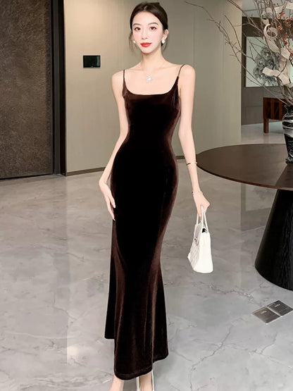 Simple Mermaid Spaghetti Strap Velvet Wedding Guest Dresses For Women Party Dresses Night Evening Outfits MP180