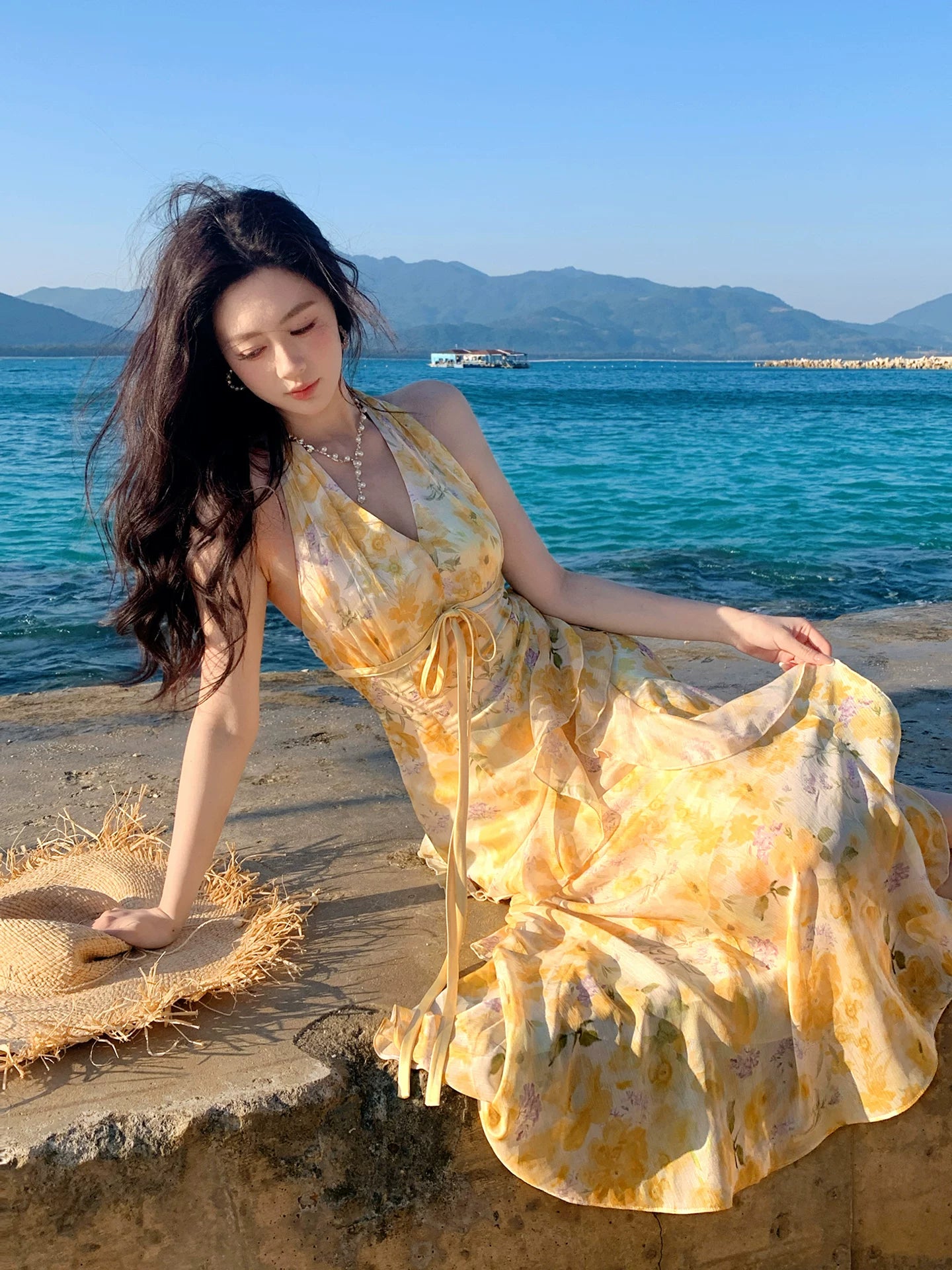 French Style A line Halter Yellow Floral Chiffon Ideas For Women 18th Impress Summer Beach Prom Birthday Dresses Evening Night Outfit MP270
